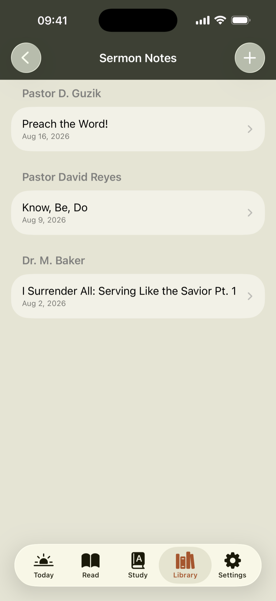 The sermon notes list, grouped by speaker