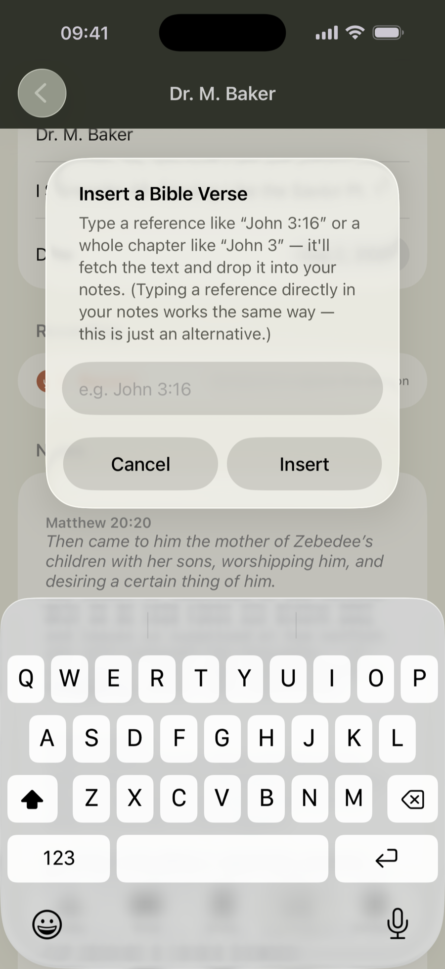 Typing a scripture reference in a sermon note and the verse appearing