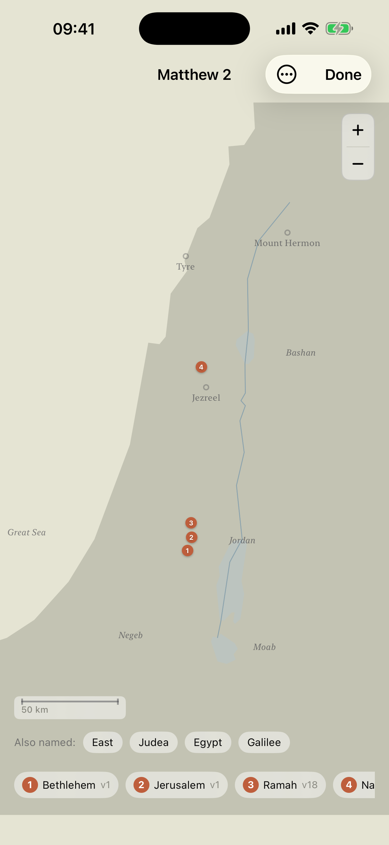 The chapter map for Matthew 2, with Bethlehem, Jerusalem, Ramah and Nazareth numbered in the order the chapter names them