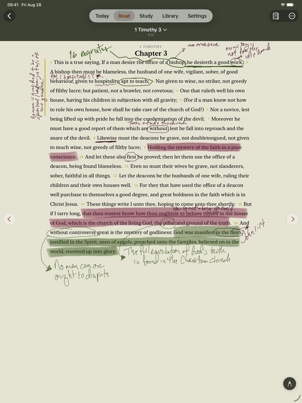 1 Timothy 3 on iPad with handwritten margin notes beside the verses