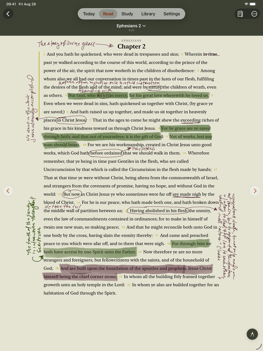 Ephesians 2 in The Pillar on iPad, annotated by hand with an Apple Pencil